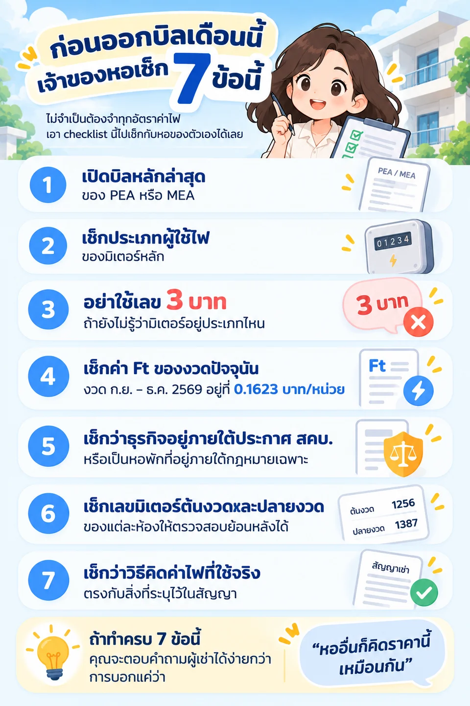 Alt: อินโฟกราฟิกเช็กลิสต์ 7 ข้อก่อนออกบิลค่าไฟหอพัก ตั้งแต่ตรวจบิลหลัก ประเภทมิเตอร์ ค่า Ft กฎหมาย สคบ. เลขมิเตอร์แต่ละห้อง และวิธีคิดค่าไฟตามสัญญา