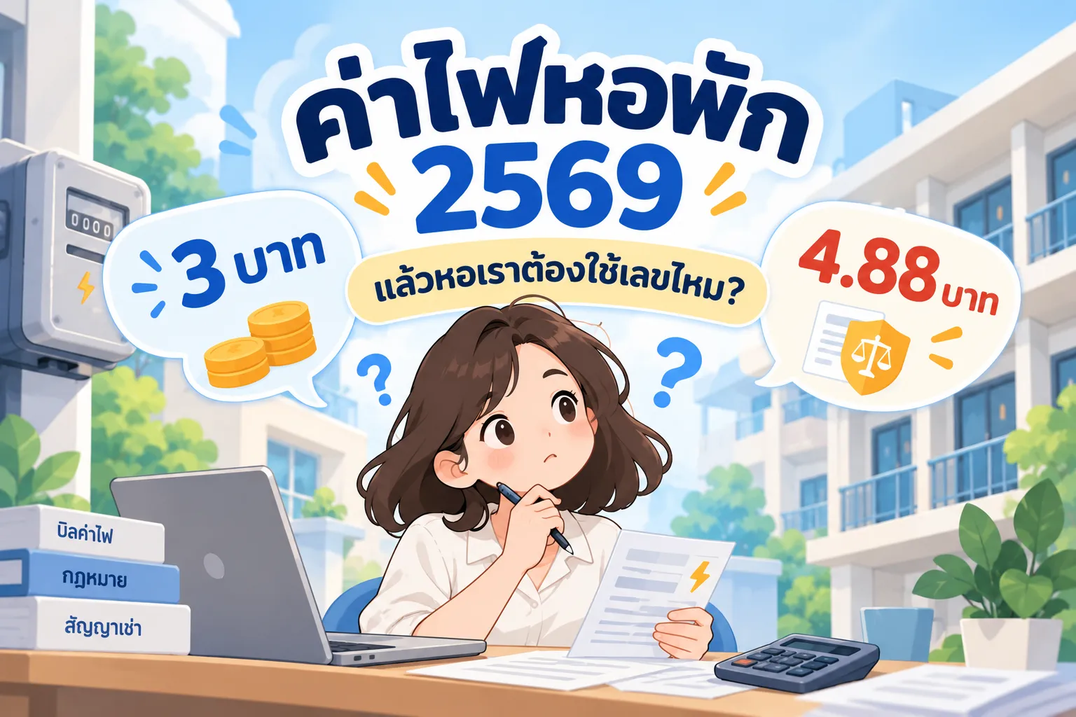 ภาพเจ้าของหอกำลังสงสัยเรื่องค่าไฟหอพัก 2569 ระหว่าง 3 บาทกับ 4.88 บาท ว่าควรใช้ตัวเลขไหนคิดค่าไฟผู้เช่า