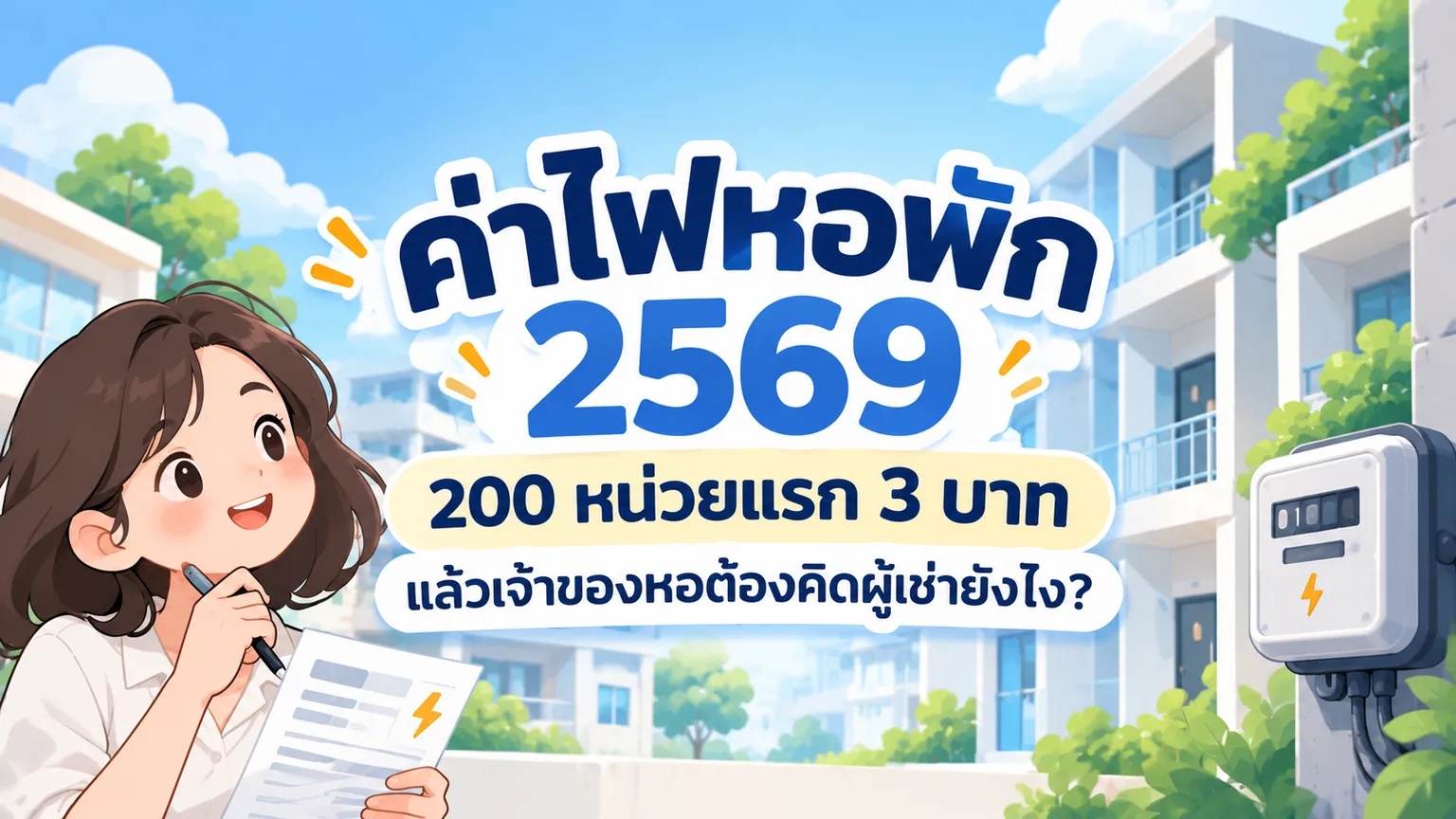 ภาพประกอบค่าไฟหอพัก 2569 กับคำถาม 200 หน่วยแรก 3 บาท แล้วเจ้าของหอต้องคิดค่าไฟผู้เช่ายังไง พร้อมภาพอาคารหอพักและมิเตอร์ไฟฟ้า