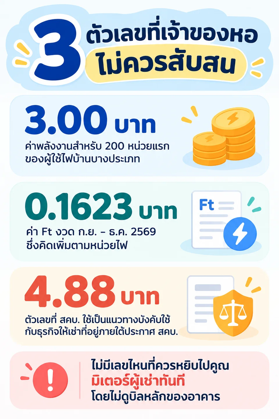 อินโฟกราฟิก 3 ตัวเลขค่าไฟที่เจ้าของหอไม่ควรสับสน ได้แก่ 3.00 บาท ค่าพลังงาน 200 หน่วยแรก, 0.1623 บาท ค่า Ft และ 4.88 บาท แนวทางของ สคบ. พร้อมเตือนให้ตรวจบิลหลักก่อนคิดค่าไฟผู้เช่า