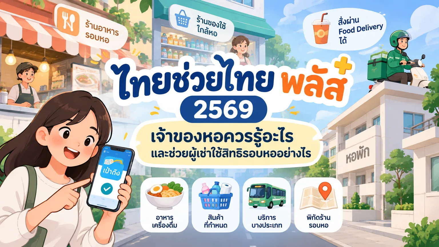ไทยช่วยไทย พลัส 2569 สำหรับเจ้าของหอและผู้เช่า พร้อมร้านอาหาร ร้านของใช้ Food Delivery และพิกัดร้านรอบหอ