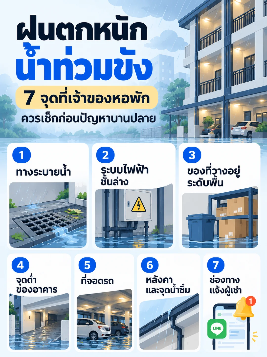 อินโฟกราฟิก 7 จุดที่เจ้าของหอพักควรเช็กก่อนฝนตกหนัก ได้แก่ ทางระบายน้ำ ระบบไฟ ของระดับพื้น จุดต่ำ ที่จอดรถ หลังคา และการแจ้งผู้เช่า