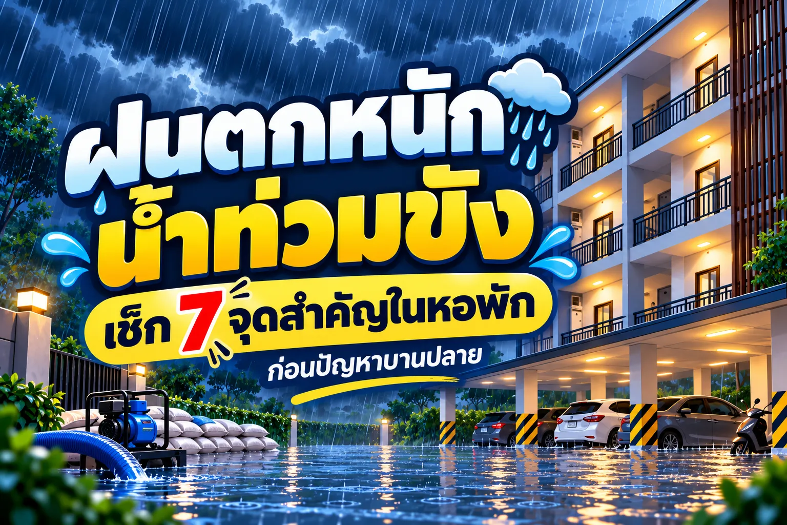 ภาพปกบทความฝนตกหนัก น้ำท่วมขัง พร้อมภาพหอพักและข้อความเช็ก 7 จุดสำคัญก่อนปัญหาบานปลาย