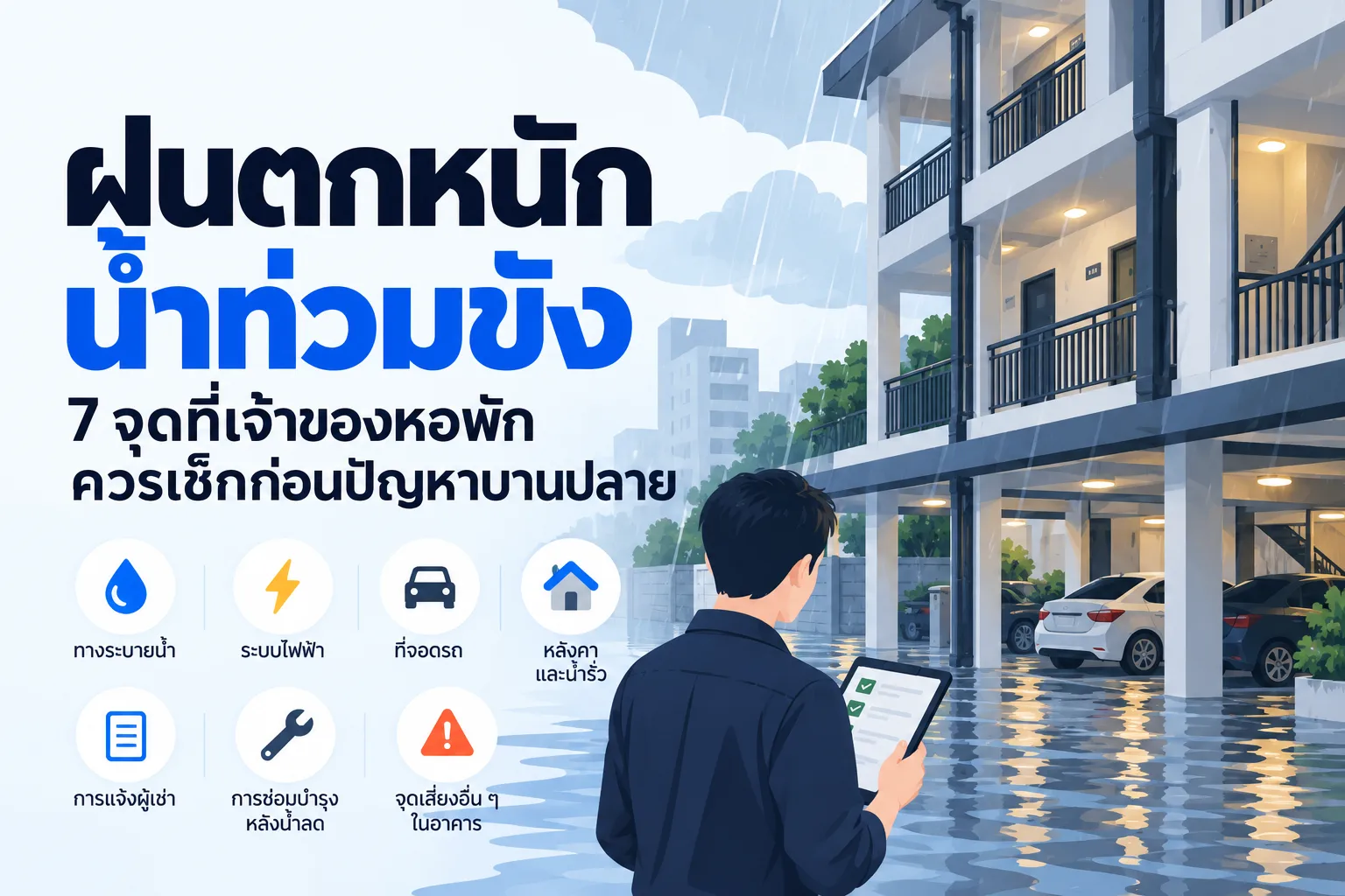 ภาพประกอบหอพักช่วงฝนตกหนักและน้ำท่วมขัง พร้อมจุดเสี่ยงที่เจ้าของหอควรตรวจ